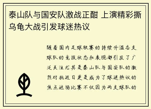 泰山队与国安队激战正酣 上演精彩撕乌龟大战引发球迷热议
